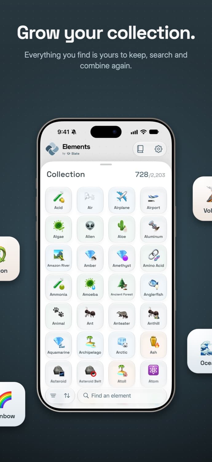 Grow your collection. Every element found so far, in a searchable grid.