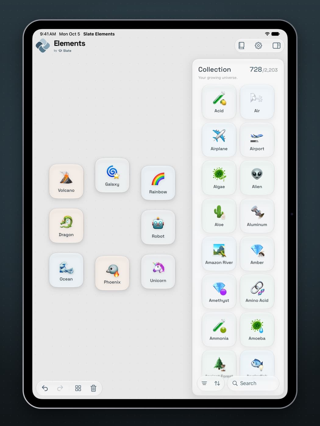 Elements on an iPad, held upright.