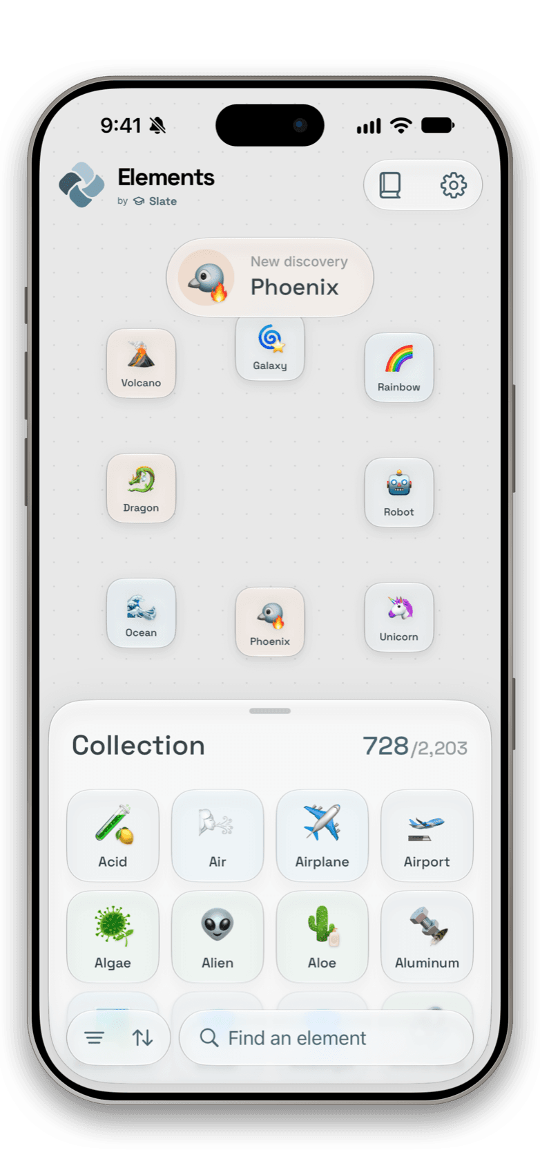 Elements on an iPhone: a card announces Phoenix, a new discovery, above the tiles on the canvas.