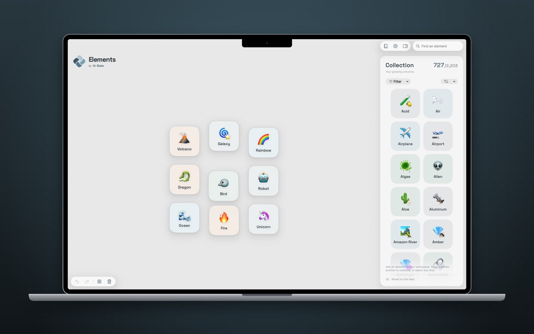 Elements on a MacBook: tiles on the canvas, the collection in a panel at the right.