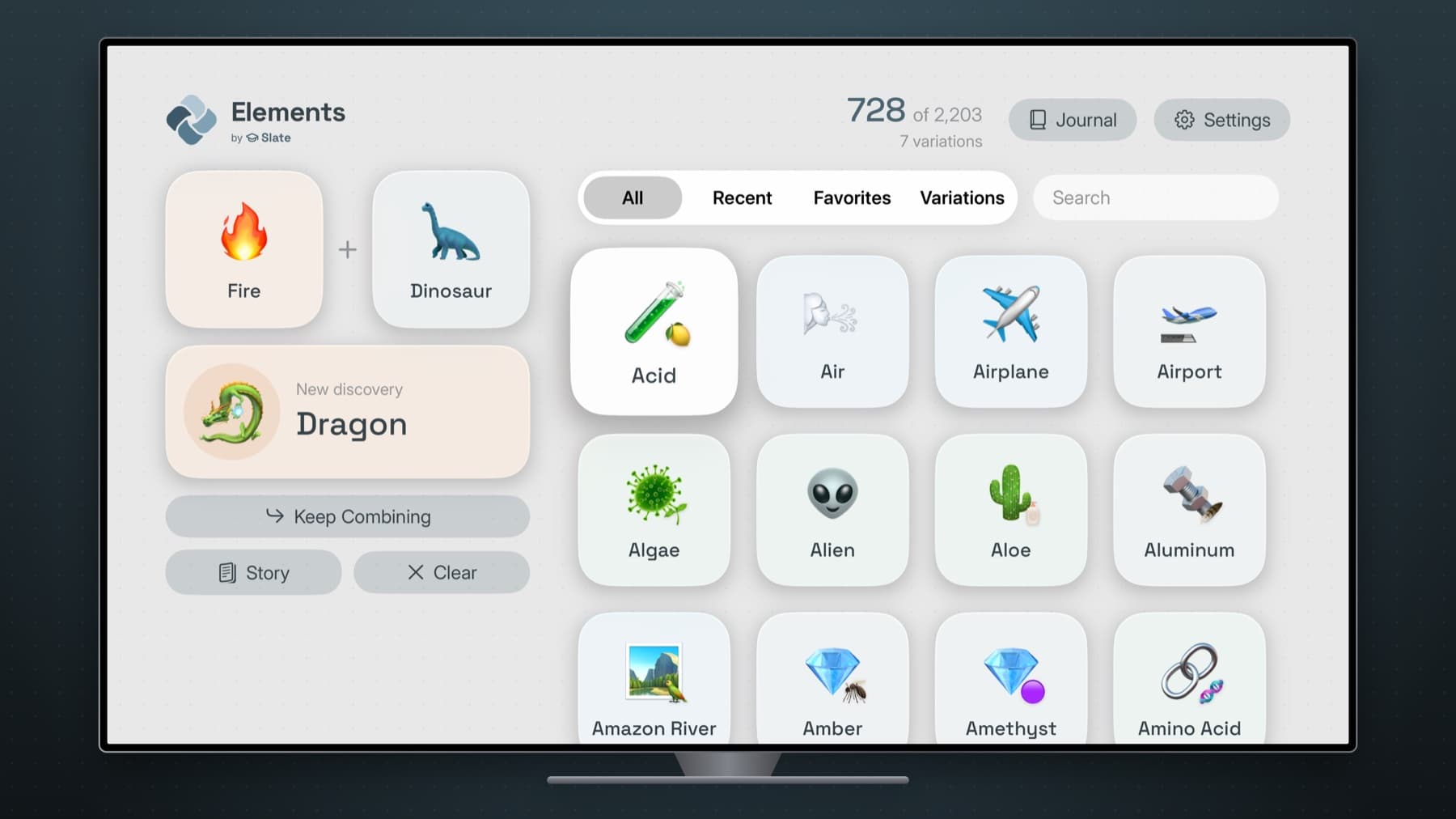 Elements on a television: Fire and Dinosaur on the workbench have made Dragon.